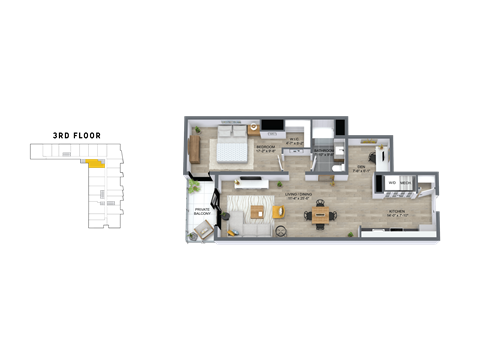 Floor plan for 1 bed, 1 bath, 866 sqft